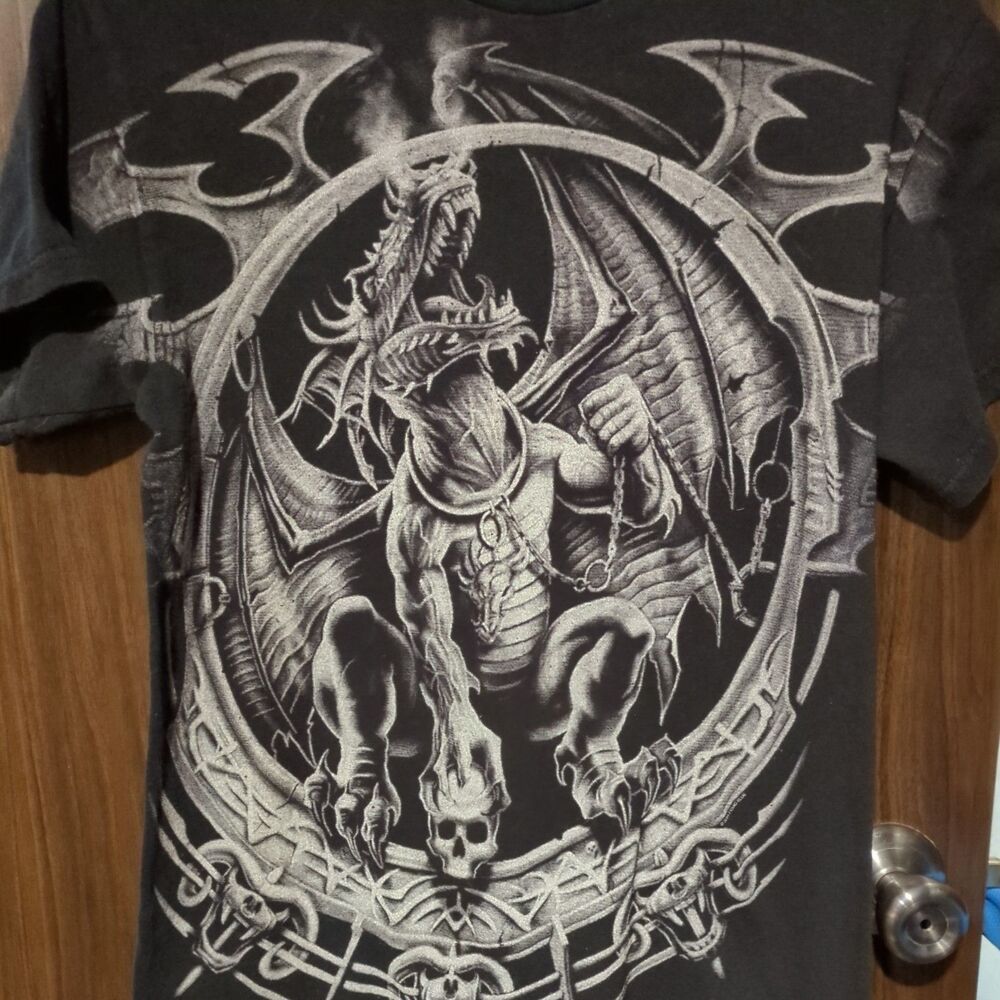 Vintage Faded Y2K 2001 Liquid Blue Dragon Skull Shirt Size S